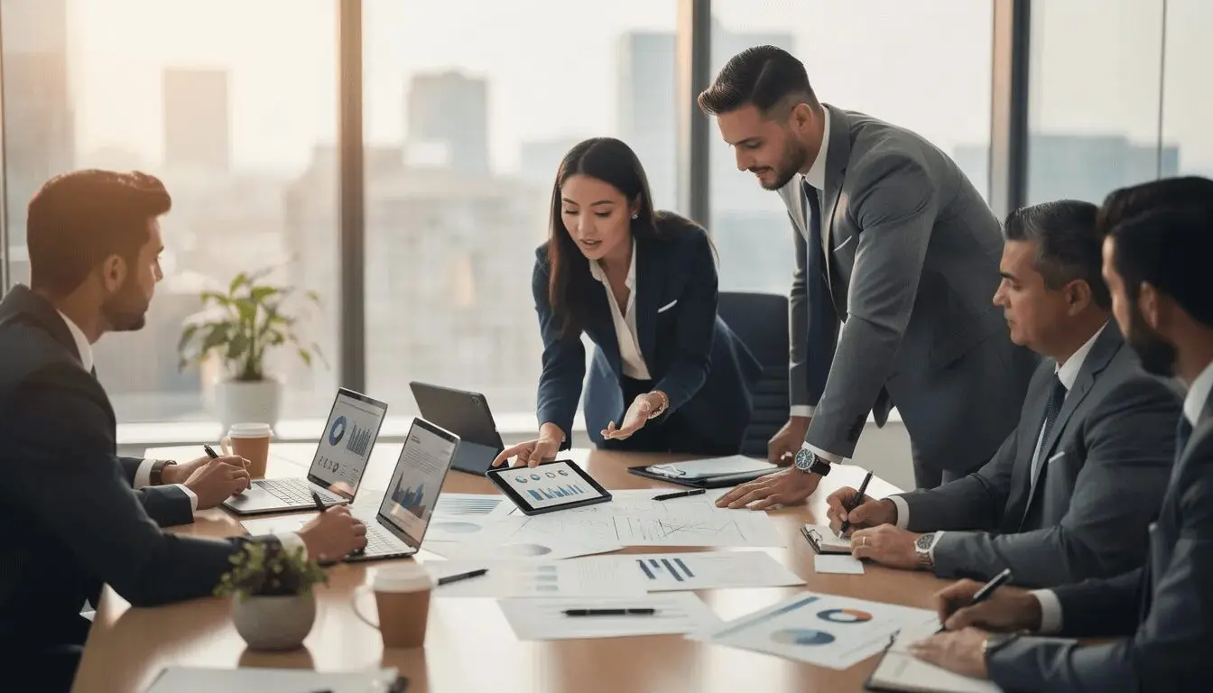 The image depicts a diverse group of business professionals engaged in collaboration around a conference table, discussing strategies related to user access and data visibility within their organization. They are likely addressing topics such as sharing rules and profiles, which are essential for managing access control and permissions in a Salesforce environment.