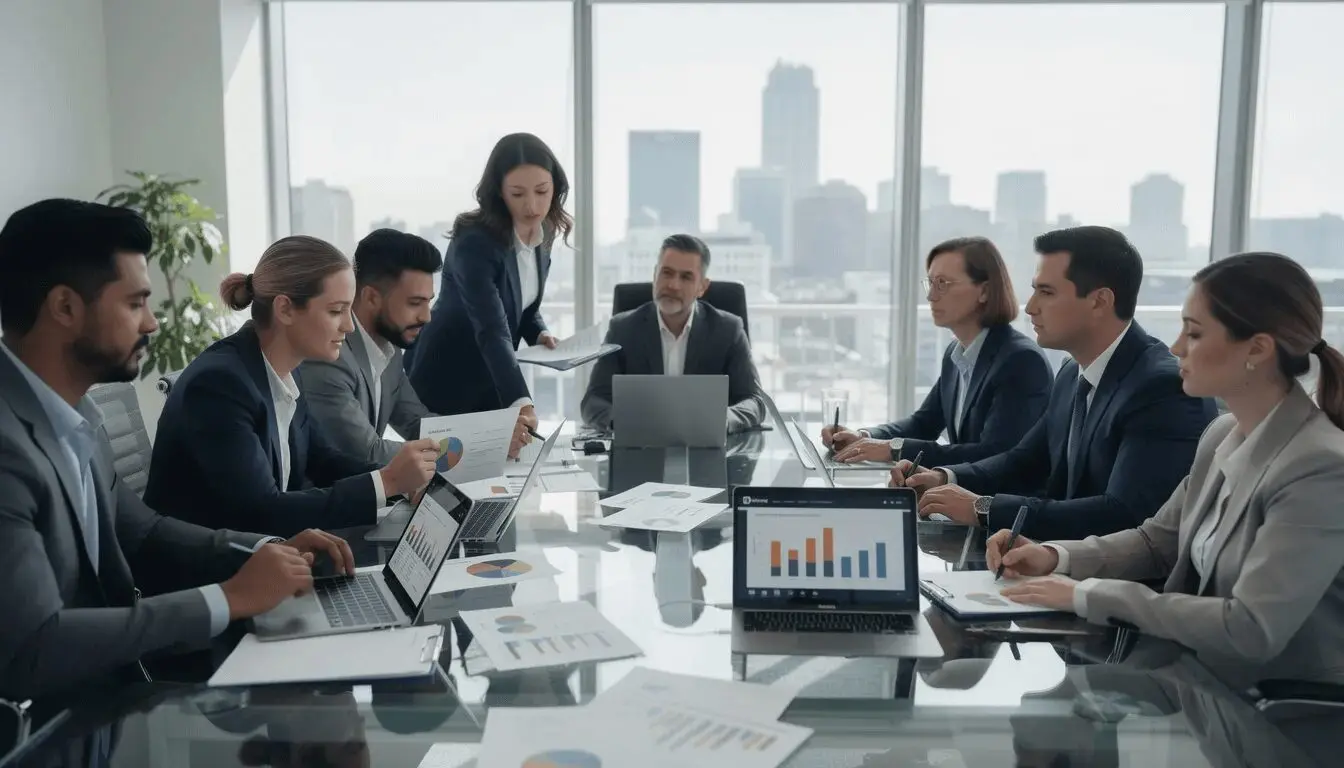 The image depicts a group of professionals in an office setting, engaged in reviewing documents and analyzing data reports on their laptops. They are likely discussing insights related to Salesforce, possibly using tools like Salesforce Inspector to export data or manage user records.